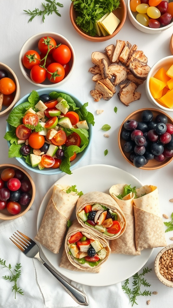 A colorful lunch table with salad, wraps, fresh fruits, and nuts, inviting for a casual gathering.